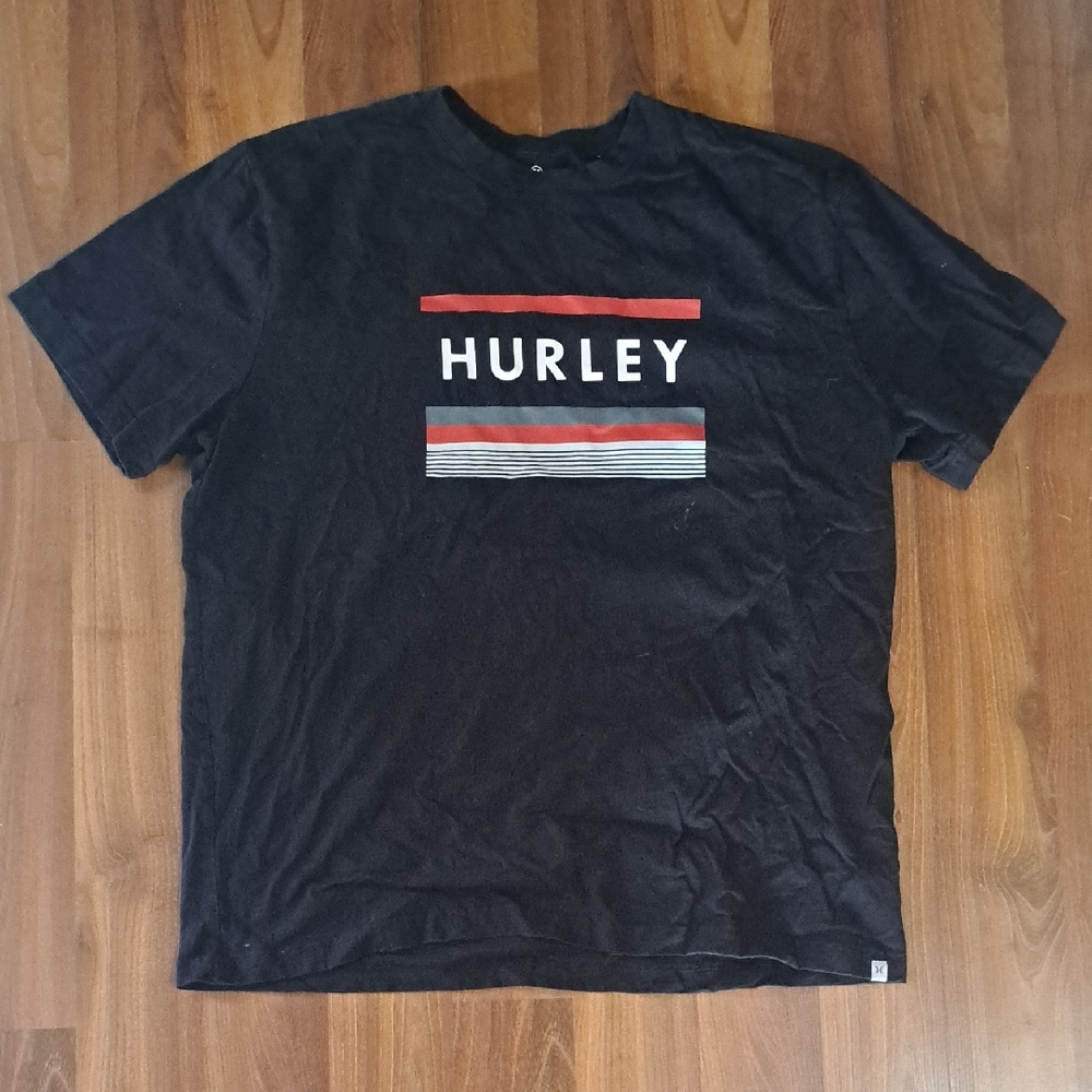 Hurley Black Short Sleeve Logo Tee with Red and White Accents